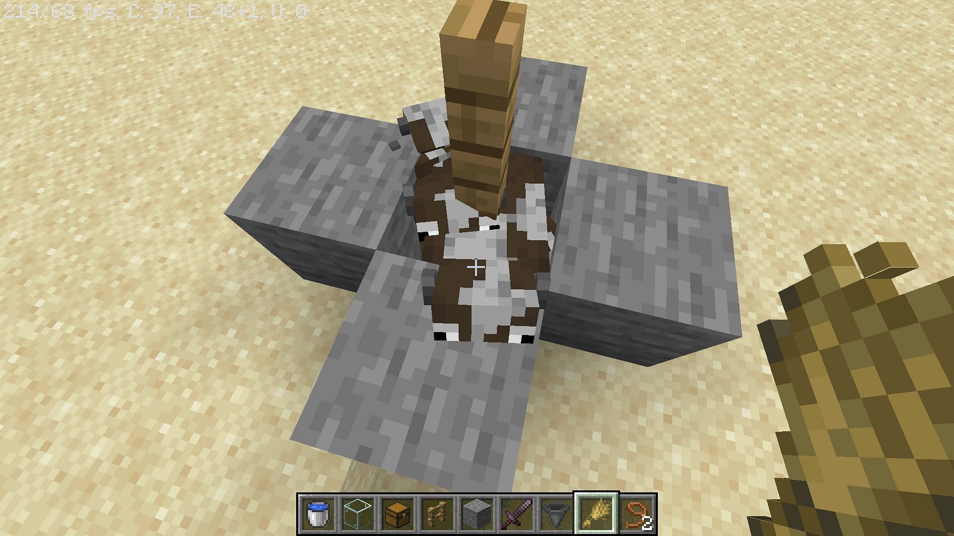 Create a cow crusher farm to get leather for saddles (Image via Sportskeeda Gaming || Mojang Studios)